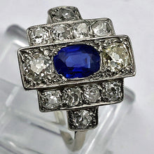 Antique Deco ring Certified no heat natural Kashmir sapphire diamonds gold (7692)