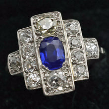 Antique Deco ring Certified no heat natural Kashmir sapphire diamonds gold 
