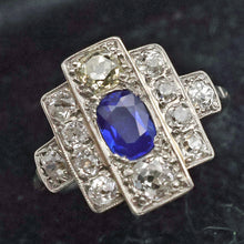 Antique Deco ring Certified no heat natural Kashmir sapphire diamonds gold (7692)