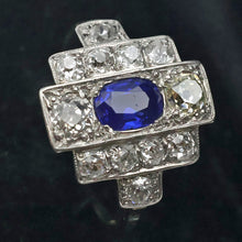 Antique Deco ring Certified no heat natural Kashmir sapphire diamonds gold (7692)