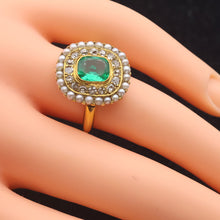 Antique Edwardian ring Emerald diamonds pearls 14k yellow gold American (7694)