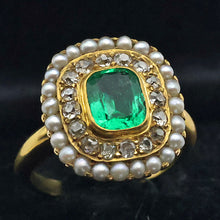 Antique Edwardian ring Emerald diamonds pearls 14k yellow gold American (7694)