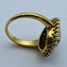 Antique Edwardian ring Emerald diamonds pearls 14k yellow gold American (7694)