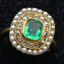 Antique Edwardian ring Emerald diamonds pearls 14k yellow gold American (7694)