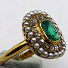 Antique Edwardian ring Emerald diamonds pearls 14k yellow gold American (7694)