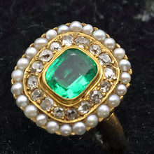 Antique Edwardian ring Emerald diamonds pearls 14k yellow gold American 