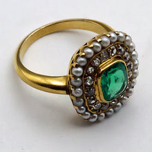 Antique Edwardian ring Emerald diamonds pearls 14k yellow gold American (7694)