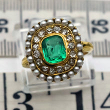 Antique Edwardian ring Emerald diamonds pearls 14k yellow gold American (7694)