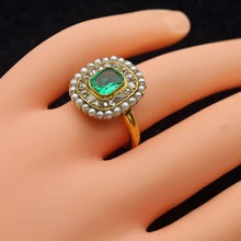 Antique Edwardian ring Emerald diamonds pearls 14k yellow gold American (7694)