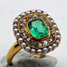 Antique Edwardian ring Emerald diamonds pearls 14k yellow gold American (7694)