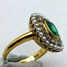 Antique Edwardian ring Emerald diamonds pearls 14k yellow gold American (7694)