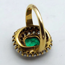 Antique Edwardian ring Emerald diamonds pearls 14k yellow gold American (7694)