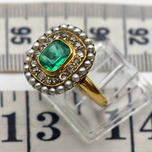Antique Edwardian ring Emerald diamonds pearls 14k yellow gold American (7694)