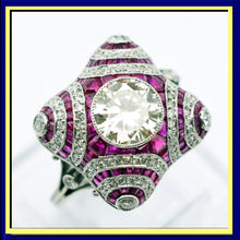 Art Deco ring platinum 1.40ct diamond + diamond ruby engagement GIA certif (7697