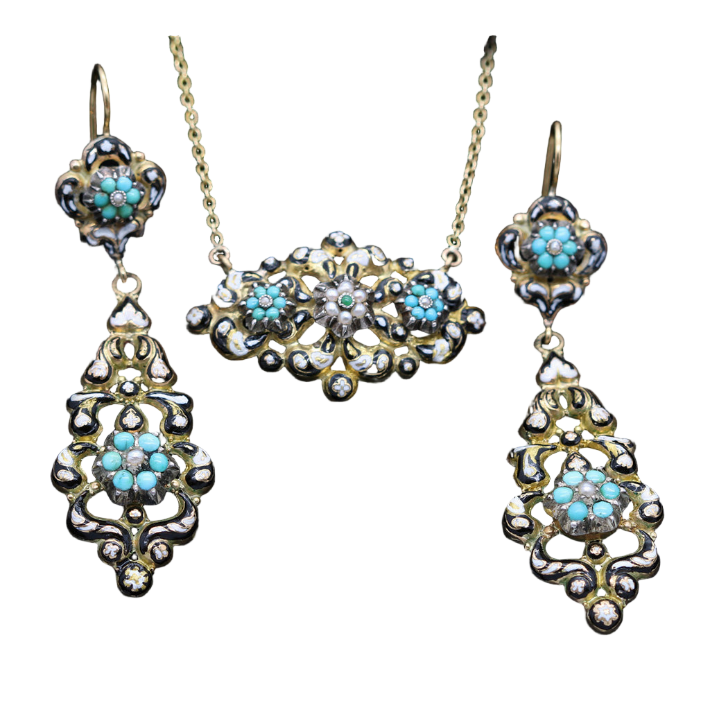 Antique Georgian French Earrings Necklace Gold Turquoise Pearls Enamel set (6232)