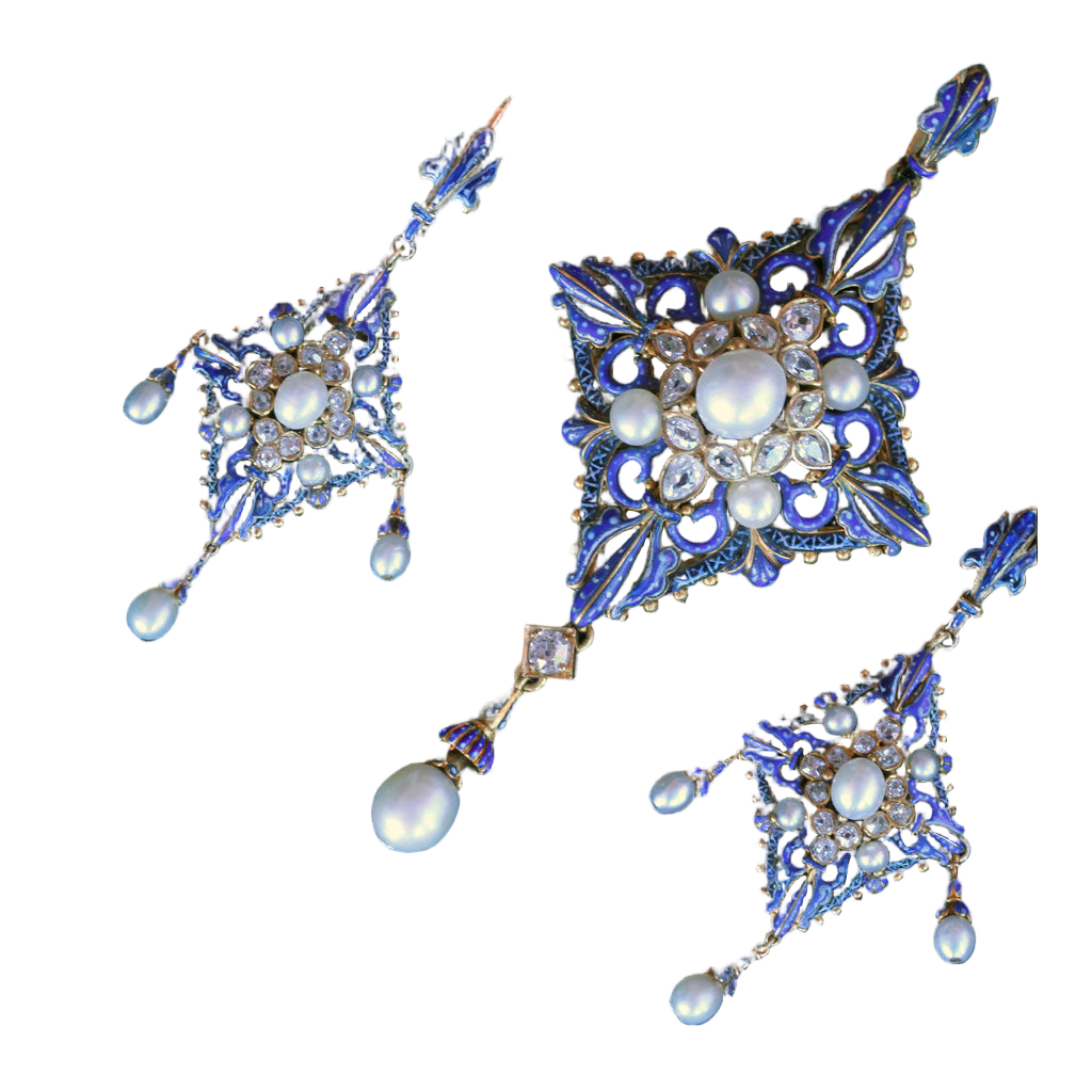 Antique Giuliano Earrings Pendant Set Diamonds Natural Pearls Enamel Gold (6341)