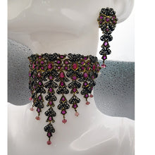 Antique Necklace Earrings Set Gold Diamond Ruby Spinel Silver Anglo Indian(6490)