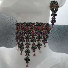 Antique Necklace Earrings Set Gold Diamond Ruby Spinel Silver Anglo Indian(6490)