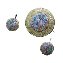 Antique Egyptian Revival Earrings Brooch Set 18k Gold Diamond Ruby Enamel (6616)