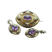 Antique Victorian Earrings Brooch Jewelry Set 18k Gold Amethysts Pearls (6906)