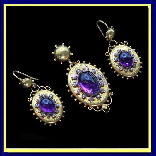 Antique Victorian earrings pendant set gold cabochon amethysts pearls