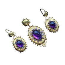 Antique Victorian earrings pendant set gold cabochon amethysts pearls (7374)