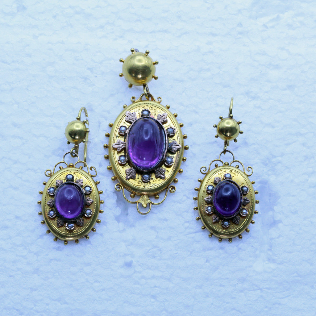 Antique Victorian earrings pendant set gold cabochon amethysts pearls (7374)