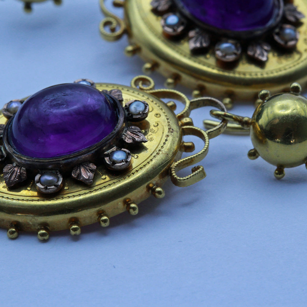 Antique Victorian earrings pendant set gold cabochon amethysts pearls (7374)