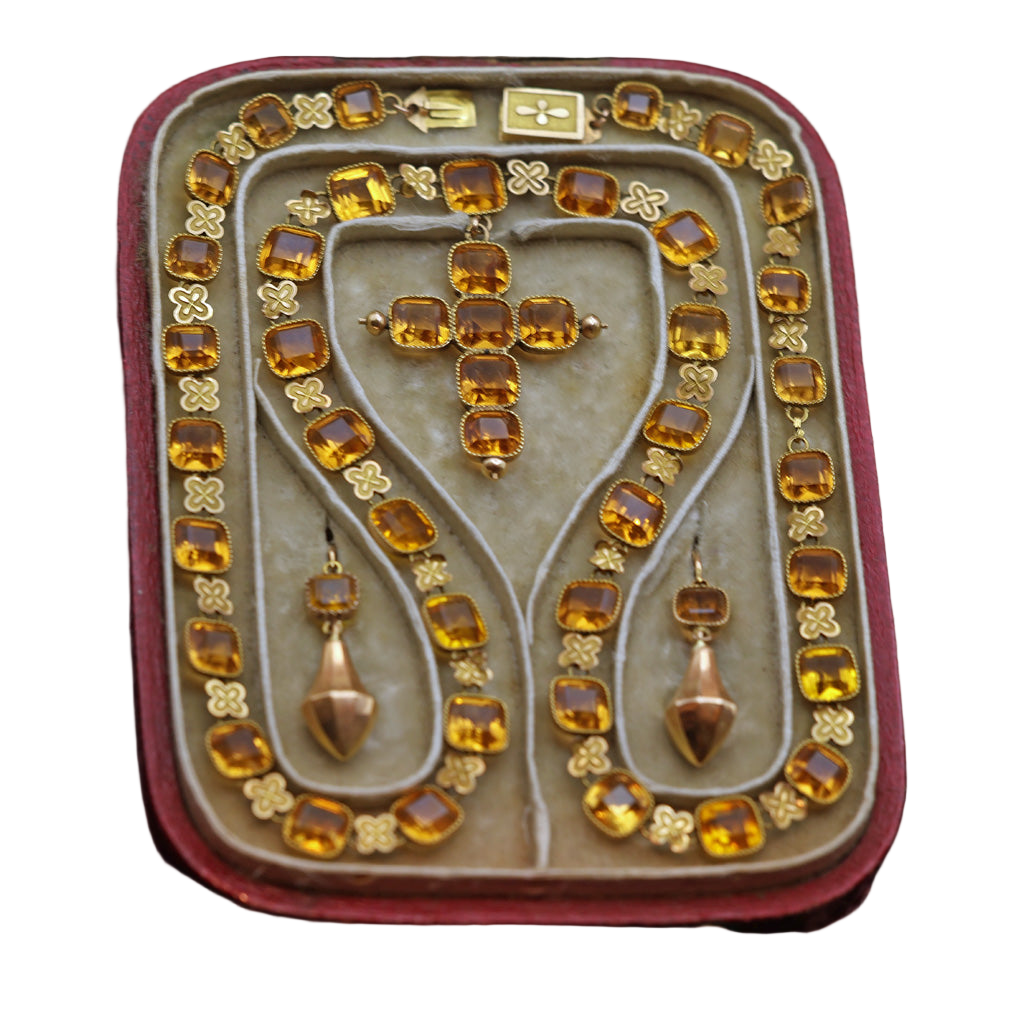 Antique Georgian set earrings necklace cross pendant 18k gold paste French (7487)