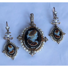 Antique Victorian cameo set Earrings Pendant diamonds pearls Parure French(7572)