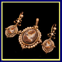 Antique Victorian cameo set Earrings Pendant diamonds pearls Parure French