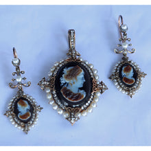Antique Victorian cameo set Earrings Pendant diamonds pearls Parure French