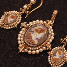 Antique Victorian cameo set Earrings Pendant diamonds pearls Parure French(7572)