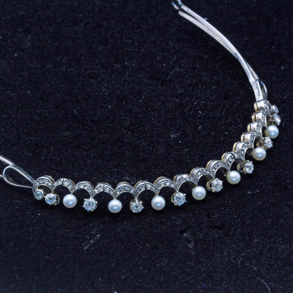 Victorian Tiara diamonds pearls gold silver metal diadem antique hair (7411)