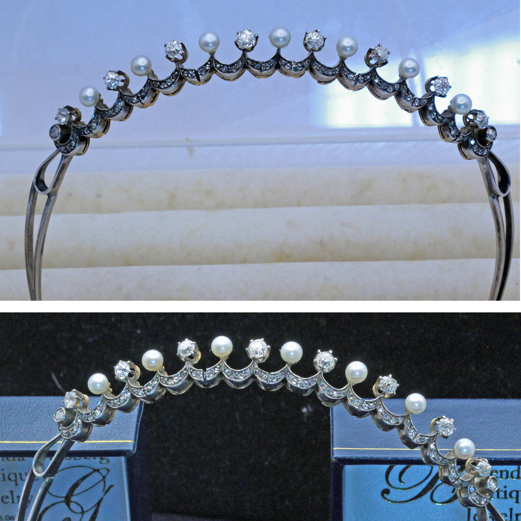 Victorian Tiara diamonds natural pearls gold silver GIA antique hair (7411)
