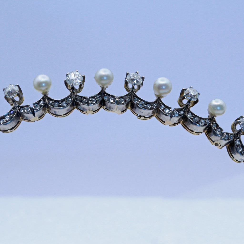 Victorian Tiara diamonds pearls gold silver metal diadem antique hair (7411)