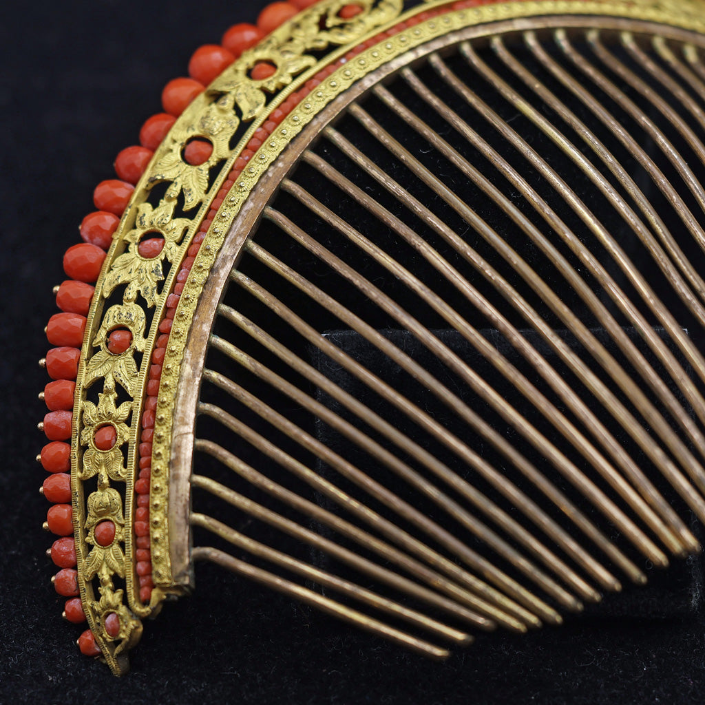 Antique French Empire Georgian tiara hair comb gilt metal coral canetille (7562)
