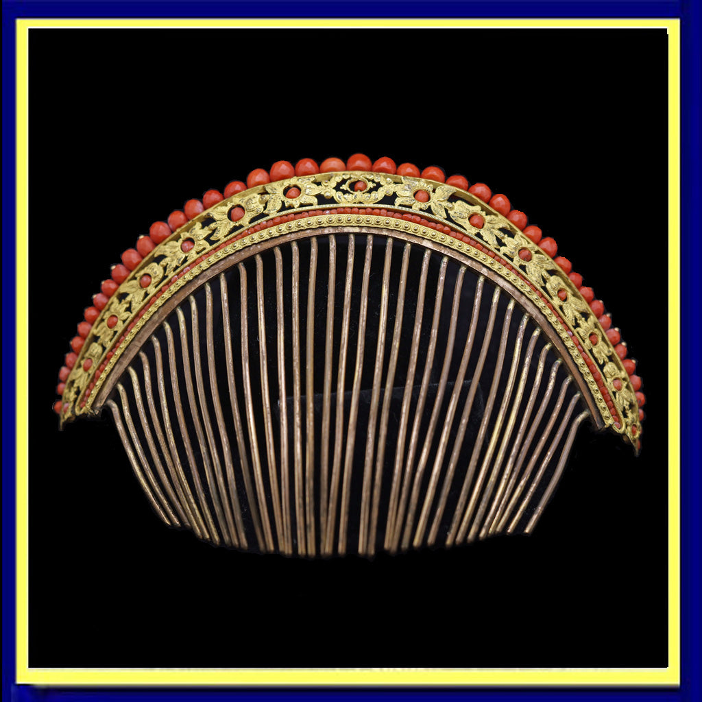 Antique French Empire Georgian tiara hair comb gilt metal coral canetille
