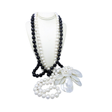 Vintage long double Necklace Pearls Onyx Mother of Pearl Flower Statement (5878)