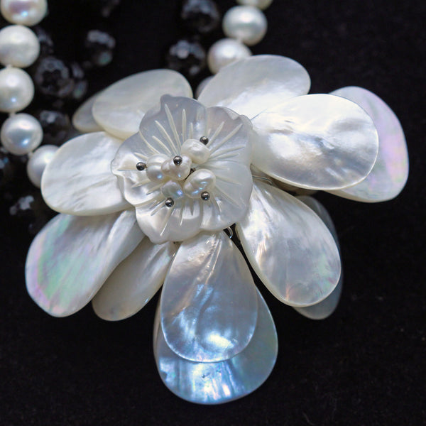 Vintage Long Double Necklace Pearls Onyx Mother of Pearl