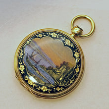 Victorian pendant locket gold guilloche Guilloche enamel landscape Swiss (7500)
