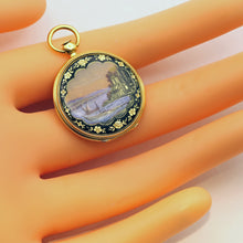 Victorian pocket watch case pendant locket gold guilloche enamel landscape in hand
