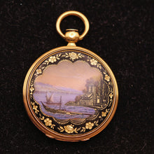 Victorian pendant locket gold guilloche Guilloche enamel landscape Swiss (7500)