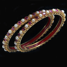 Antique Vintage Pair Bangles Bracelets Gold GIA cert Burmese Rubies Pearls (4910)