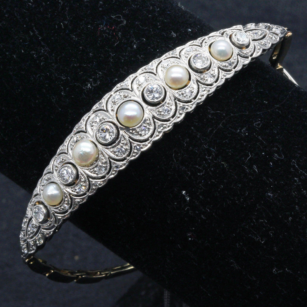 Antique Edwardian platinum and gold diamond pearl bracelet (3546)