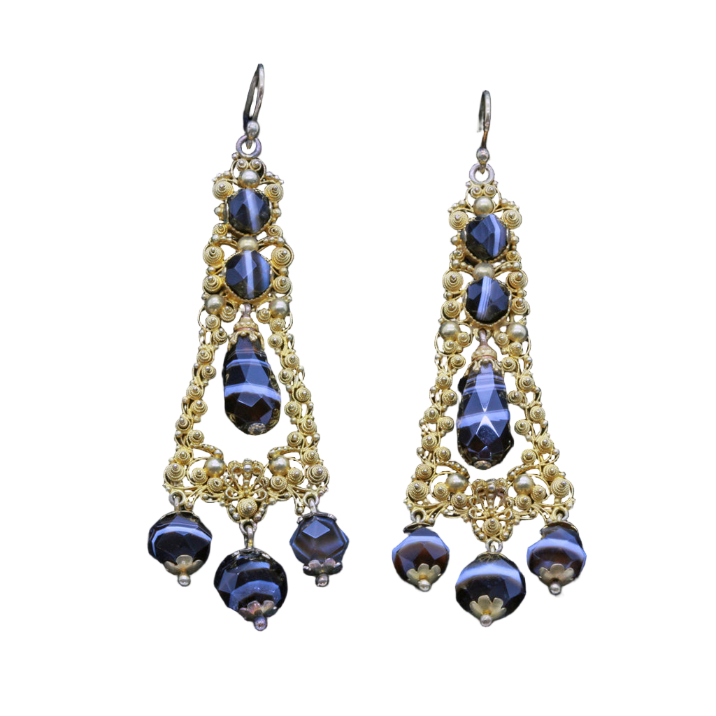Antique Georgian Earrings Banded Agate 14k Gold Cannetille (4282)