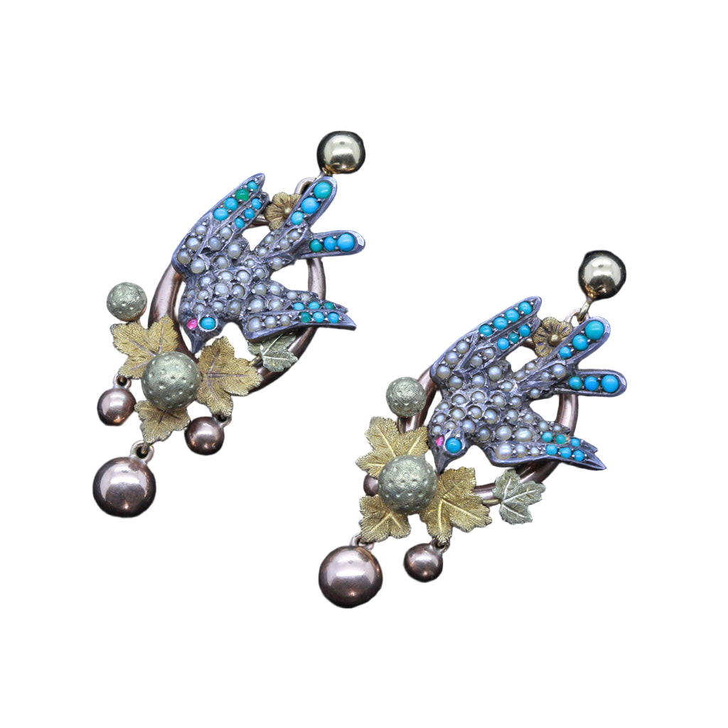 Antique Victorian Earrings Pave Turquoise Pearl Bird (4290)