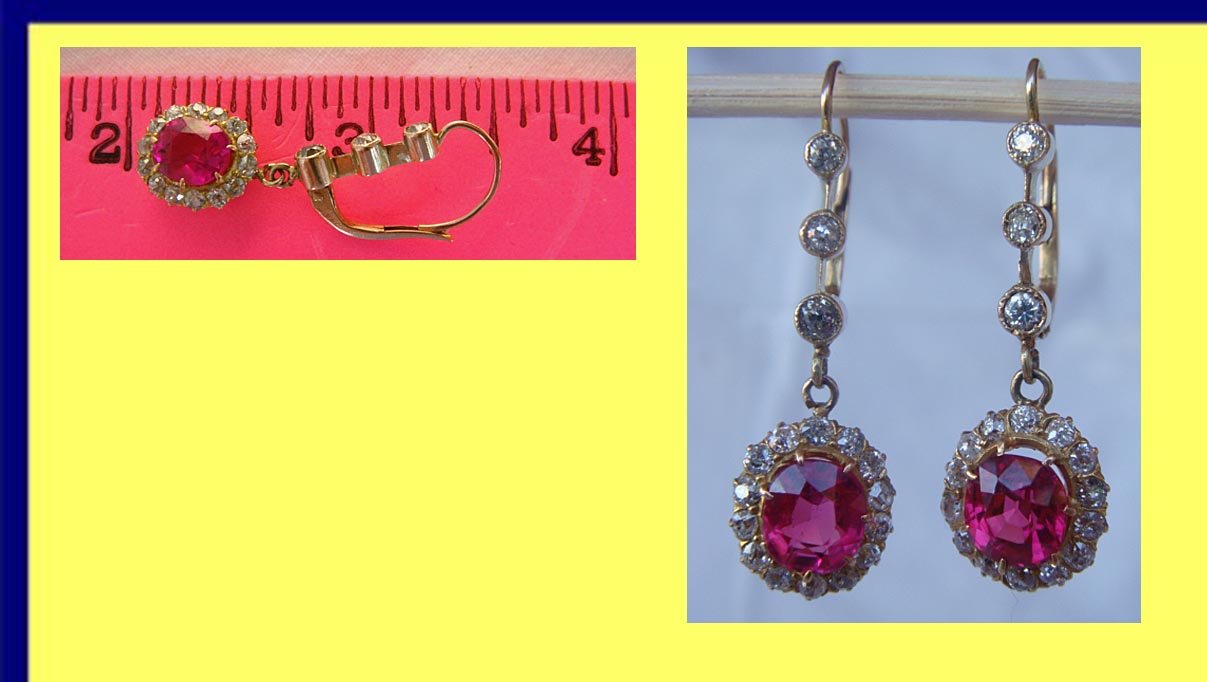 Antique Victorian dangle Earrings 18k gold real diamonds ruby paste (4414)