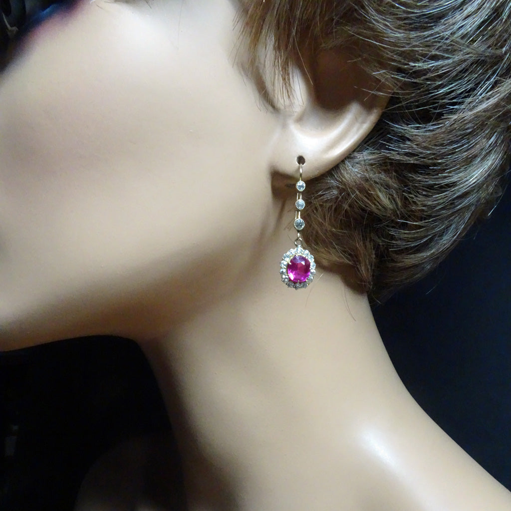 Antique Victorian dangle Earrings 18k gold real diamonds ruby paste (4414)