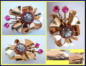 Antique Vintage Retro Earrings French 18k Gold Ruby Diamond (4736)